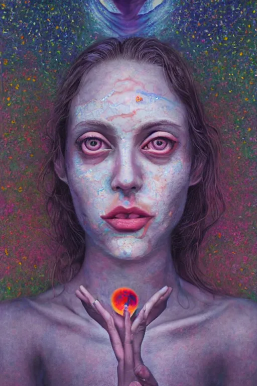 Image similar to acid tripping midsommer girl third eye open, chakra energy waves resonating from her body, ethereal aura, epic surrealism 8k oil painting, portrait, perspective, high definition, post modernist layering, by Sean Yoro, Gerald Brom