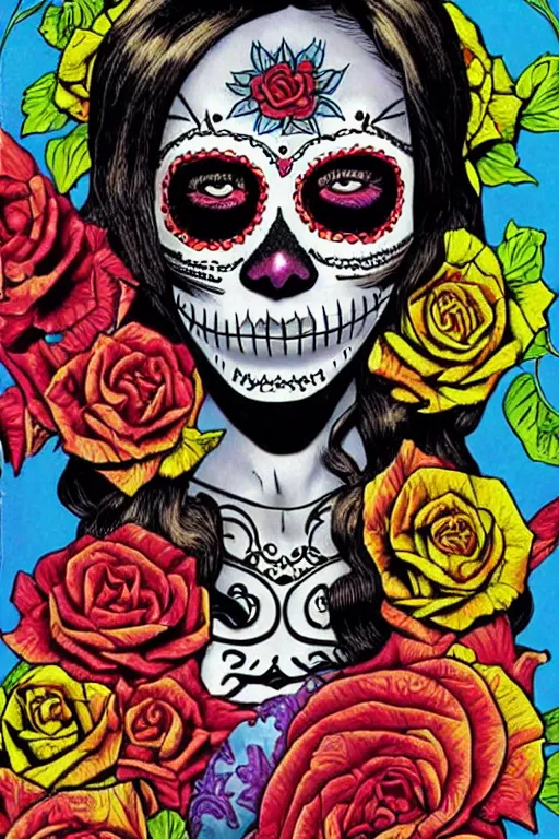 Image similar to illustration of a sugar skull day of the dead girl, art by richard corben