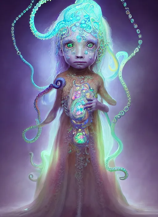 Image similar to A full shot of a cute magical monster Cryptid wearing a dress made of opals and tentacles. Chibi. Subsurface Scattering. Translucent Skin. Caustics. Prismatic light. defined facial features, symmetrical facial features. Opalescent surface. Soft Lighting. beautiful lighting. By Giger and Ruan Jia and Artgerm and WLOP and William-Adolphe Bouguereau and Loish and Lisa Frank. Sailor Moon. trending on artstation, featured on pixiv, award winning, sharp, details, intricate details, realistic, Hyper-detailed, HD, HDR, 4K, 8K.