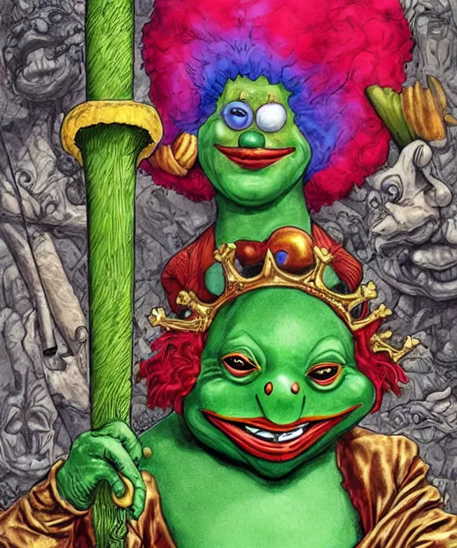 Image similar to clown frog king pulls the sword from the stone, clown frog king wearing clown makeup and rainbow wig, clown crown artwork by Glenn Fabry