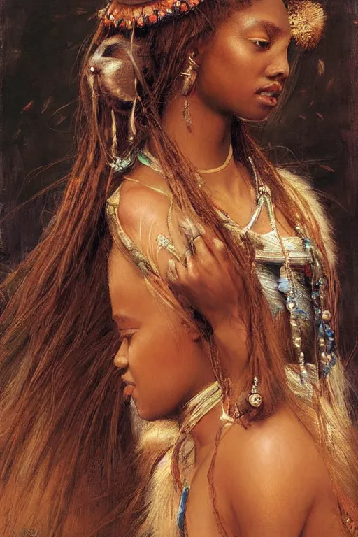 Image similar to a beautiful Zulu princess, hair flowing down, by Edgar Maxence and Ross Tran