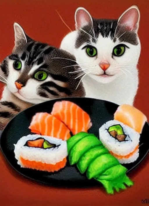 Image similar to clear photorealistic picture of adorable cats made out of sushi