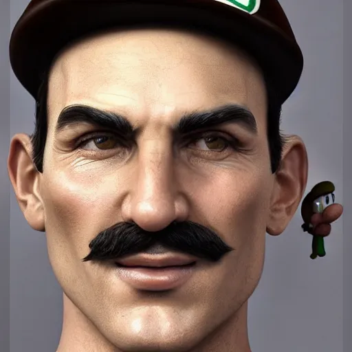Image similar to Luigi in real life, realistic, very realistic, hyperrealistic, highly detailed, very detailed, extremely detailed, detailed, digital art, oil painting, trending on artstation, headshot and bodyshot, detailed face, very detailed face, extremely detailed face, HD Quality, 8k resolution