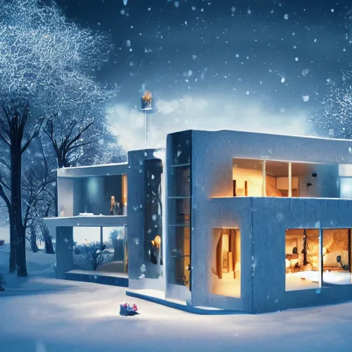 Prompt: beautiful futuristic home in the winter!, artstation