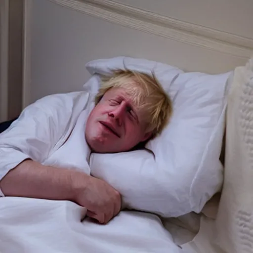 Image similar to boris johnson tucked in bed sleeping wistfully