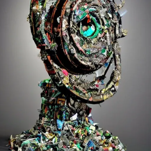 Image similar to A sculpture a The all-seeing eye made pure recycled Trash