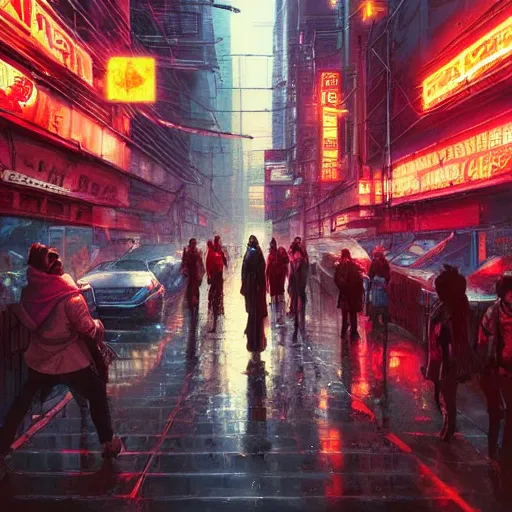 Image similar to overly crowded street of a cyberpunk city, rain, harsh neon lights, highly detailed, digital painting, trending on artstation, concept art, sharp focus, illustration, art by artgerm and greg rutkowski and magali villeneuve