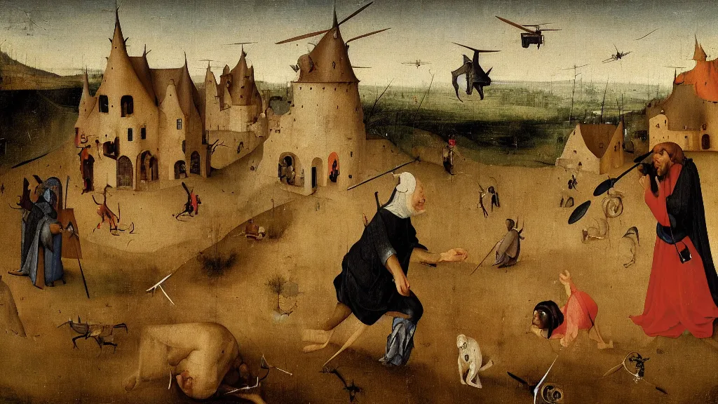 Image similar to a drone attack to innocent villager, close-up villager terrified by drone, in the fashion of Hieronymus Bosch, oil on canvas, painting, 4k