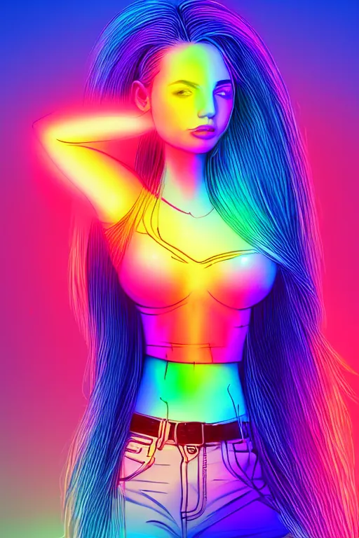 Prompt: a award winning half body portrait of a beautiful woman with stunning eyes in a croptop and cargo pants with rainbow colored ombre hairstyle head in motion and hair flying by thomas danthony, outlined by whirling illuminated neon lines, microphone, outrun, vaporware, shaded flat illustration, digital art, trending on artstation, highly detailed, fine detail, intricate