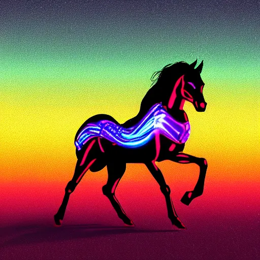 Image similar to A synthwave horse inspired by Tron. Trending on Artstation. Digital screenshot. Faded film grain. 1980s Computer Graphics.