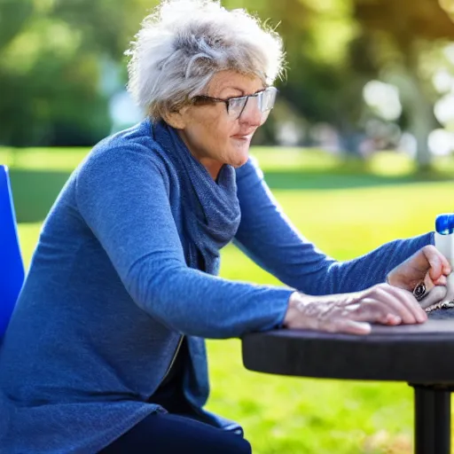 Image similar to an older woman sitting in a park using an oxygen concentrator, 4 k,