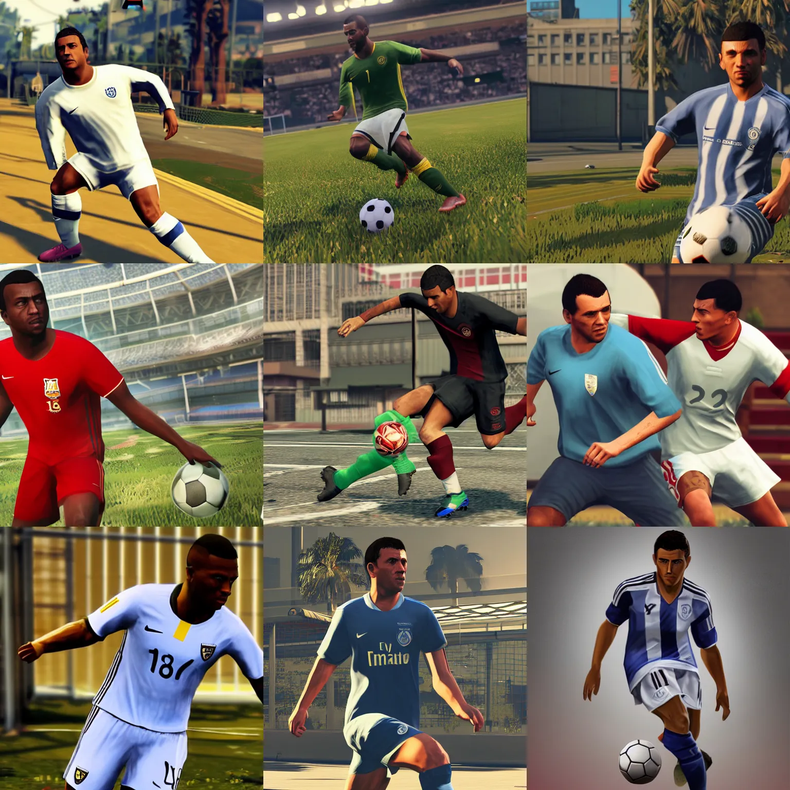 Image similar to Soccer player, highly detailed, fast action, GTA V character
