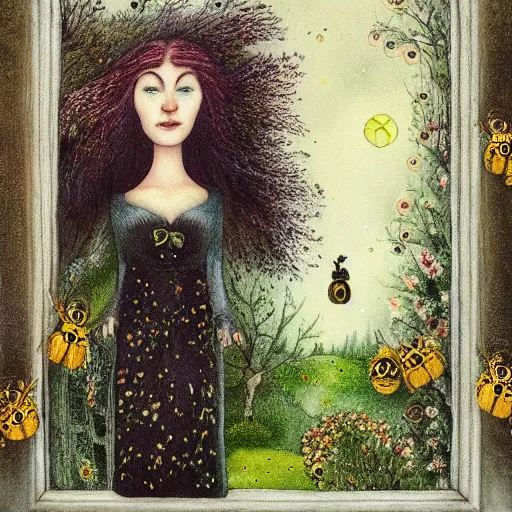 Image similar to a portrait of a woman standing infront of a window, she is happy and has lovely hair and eyes, a man is standing behind her with a look of suprise in his face, 🪴🌳🐝, 8 k, lowbrow, in the style of daniel merriam and alexander jansson,