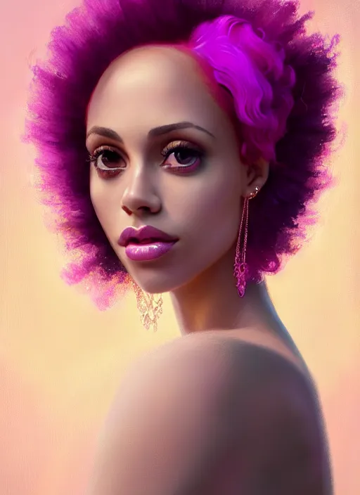 Image similar to portrait of vanessa morgan with bright pink hair, curly pixie cut hair, wearing a purple breton cap, breton cap, hoop earrings, intricate, elegant, glowing lights, highly detailed, digital painting, artstation, concept art, smooth, sharp focus, illustration, art by wlop, mars ravelo and greg rutkowski