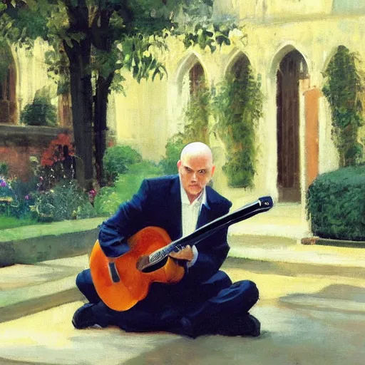 Prompt: a portrait of agent 4 7 from hitman playing a guitar in a monestary garden next to an elderly priest, by gregory manchess, james gurney, james jean