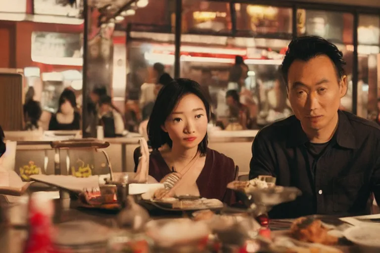 Image similar to VFX movie interior closeup beautiful Asian couple closeup sitting at 50s diner, night in the city, by Emmanuel Lubezki