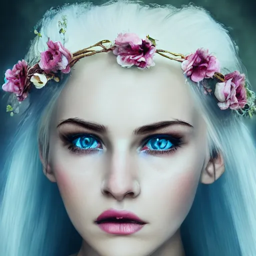 Image similar to a pale girl with white hair wears floral crown, sad blue eyes, cinematic lighting, ultra detailed, grand master oil painting