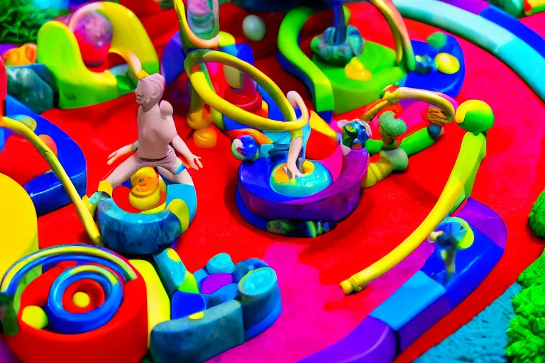 Image similar to fisher price couch, perfect focus, psychedelic trippy couch, marble run, planets, sofa scene from tv show hyper detailed 5 5 mm 8 5 mm, toy photography, made out of plastic