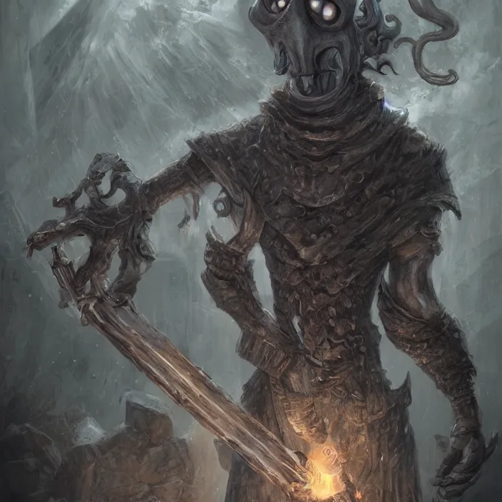 Image similar to squidward as a dark souls boss, trending on artstation, by david stoupakis