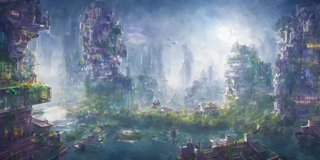 Image similar to a utopian city, filled with fauna, with building floating around everywhere, building cover with plant, dynamic lighting, fantasy concept art, trending on art station, stunning visuals, creative, cinematic, ultra detailed