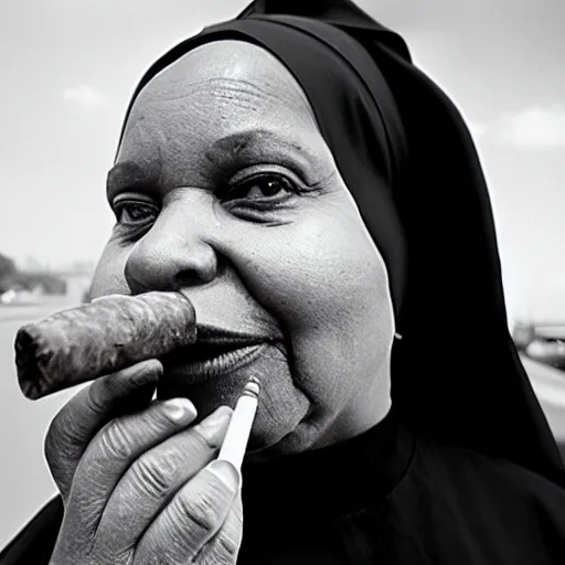 Image similar to a black nun wearing shiny jewelry, she's smoking a cigar and puffing smoke, kodak film photo, amateur photography, candid