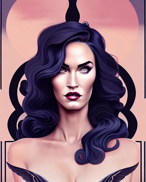 Image similar to an art nouveau, ( streamline moderne ) portrait of megan fox in the style of anna dittmann and charlie bowater and loish. long windblown hair, very large, clear, expressive, and intelligent eyes. symmetrical, centered, ultrasharp focus, dramatic lighting, photorealistic digital matte painting, intricate ultra detailed background.