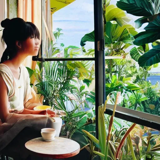 Image similar to a thin, pretty young Filipino woman sits near the window of a cute seaside Cafe with an espresso, golden morning light, cozy, tropical plants, still from Spirited Away