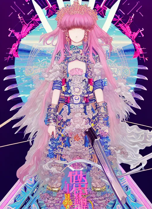 Image similar to highly detailed artstation vaporwave katsuhiro otomo fluorescent fantastic fate manga poster of princess mechine, minaba hideo,, long hair, armor, laces, ruffles, 8 k, maximalist, art nouveau,