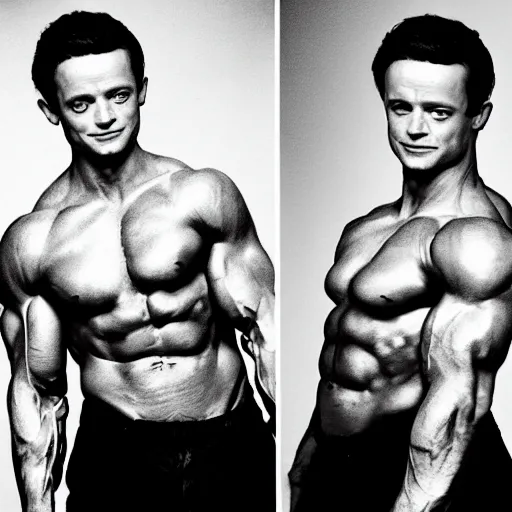 Image similar to elijah wood as arnold schwarzenegger, black and white photograph