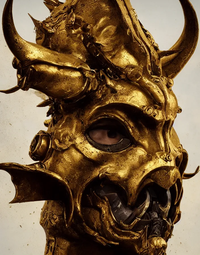 Image similar to Splatterpunk portrait of a golden minotaur mask in the style of greg rutkowski. halo. octane render, cinematic, hyper realism, octane render, 8k, depth of field, bokeh, fur, feathers, iridescent accents