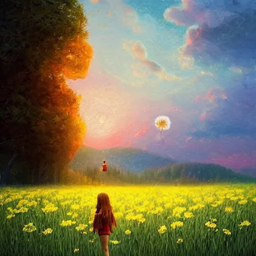 Image similar to girl with dandelion as a face, surreal photography, dream, standing in flower field, hills, big trees, sunrise dramatic light, impressionist painting, colorful clouds, digital painting, pointillism, artstation, simon stalenhag