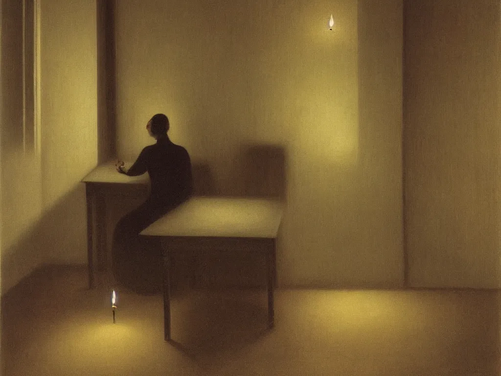 Image similar to meditative interior at night with candle. Vilhelm Hammershøi