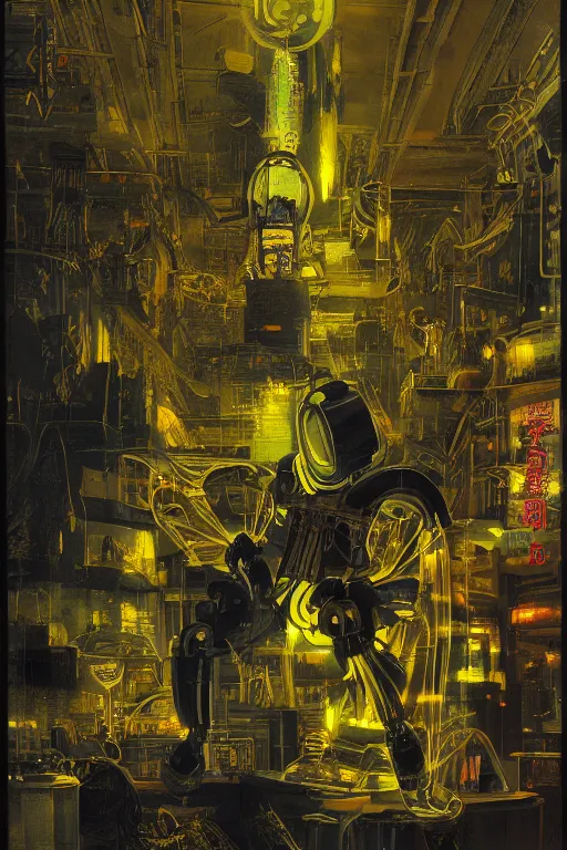 Prompt: a scene with a intricate anime figurine that looks like a transparent plastic robot with a lot of fluo colored details with yellow smoke, moody light, flemish painting