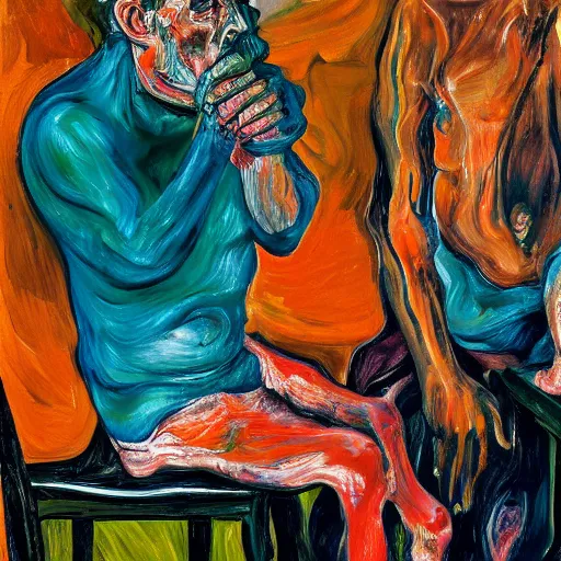 Image similar to high quality high detail expressionist painting of a man in agony by lucian freud and jenny saville edvard munch and francis bacon, hd, anxiety, seated at table crying and screaming, turquoise and orange