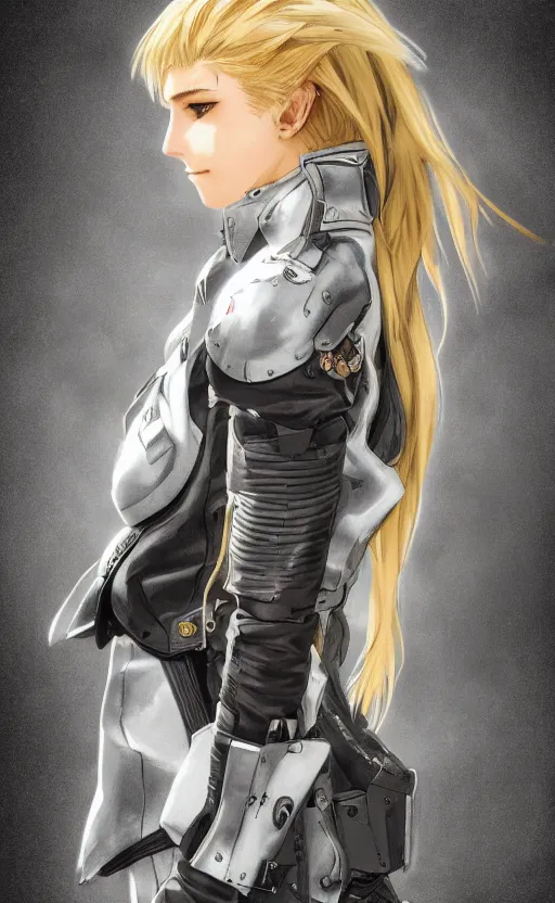 Prompt: side portrait of mechanized valkyrie, anime style, leather jacket, ace pilot, blonde hair, hair down, symmetrical facial features, from arknights, hyper realistic, 4 k, rule of thirds, extreme detail, detailed drawing, safebooru, hd, d & d, realistic lighting, by alphonse mucha, greg rutkowski, backlit