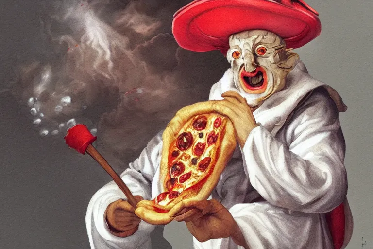 Image similar to a highly detailed portrait of pulcinella!!! from naples with a pizza!! and burning volcano, an ultrafine detailed painting by achille superbi, dramatic lighting, trending on deviantart, whimsical, lowbrow, smooth, sharp focus, octane, masterpiece