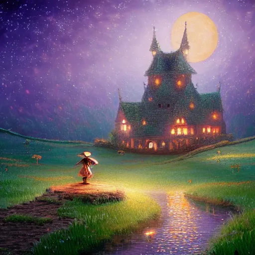 Prompt: A beautiful painting of a paintingwlop fairy tale,The soft moonlight in the night sky and the flying fireflies,stars,majestic castle,a scarecrow in a straw hat stood in the middle of the paddy field,fireflies are dancing in the air, rivers, country roads,paper airplanes,fairyland,Thomas Kinkade and Caleb Worcester,unreal engine,artstation