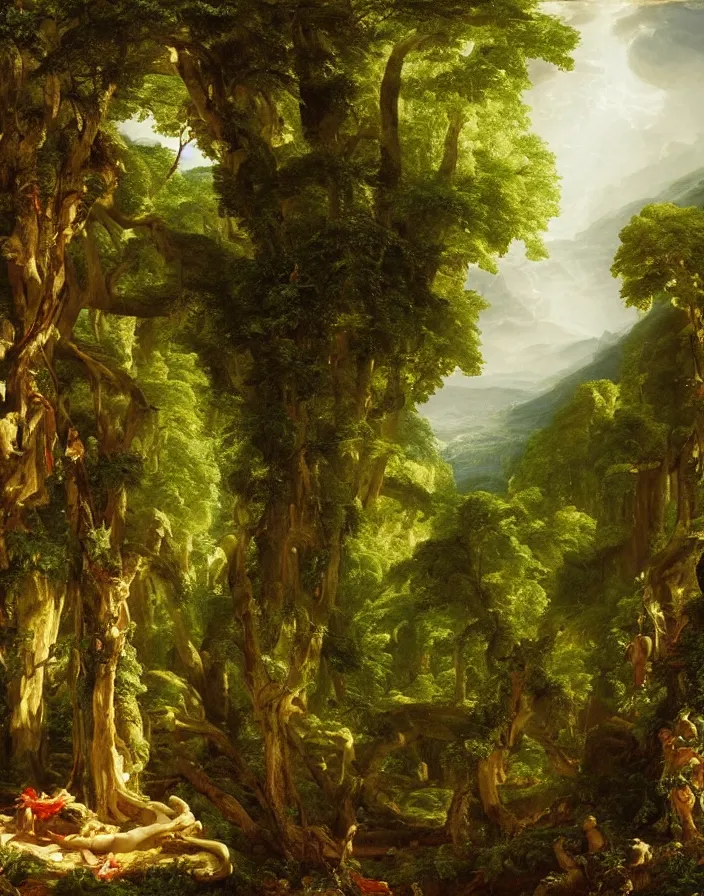 Image similar to an big ancient greek statue lost in a gigantic forest by thomas cole, painting, cinematography, epic lighting,