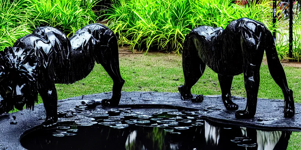 Prompt: the black lioness made of ferrofluid, bathing in the drinking basin in the zoo exhibit, viscous, sticky, full of black goo, covered with black goo, splattered black goo, dripping black goo, dripping goo, splattered goo, sticky black goo. photography, dslr, reflections, black goo, zoo, exhibit