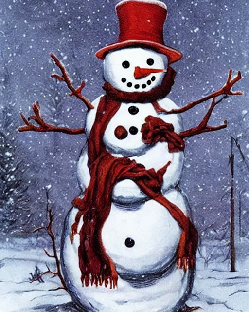 Image similar to snowman made of meat, art by beksinksy, bernie wrightson