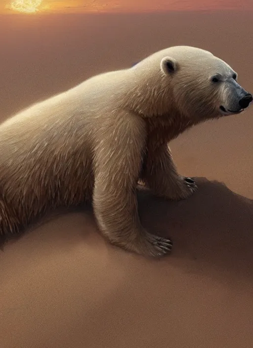 Prompt: polar bear dying on a desert, by greg rutkowski, trending on artstation, masterpiece