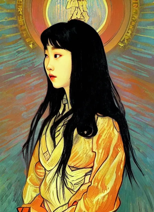 Prompt: portrait of teen Lee Ji-eun wearing a divine celestial elegant suit, rule of thirds, seductive look, captivating, Vincent van Gogh pastiche by Alphonse Mucha, artstation, cinematic, award winning, original modern artwork, set on Singaporean aesthetic, rgb ethereal lighting