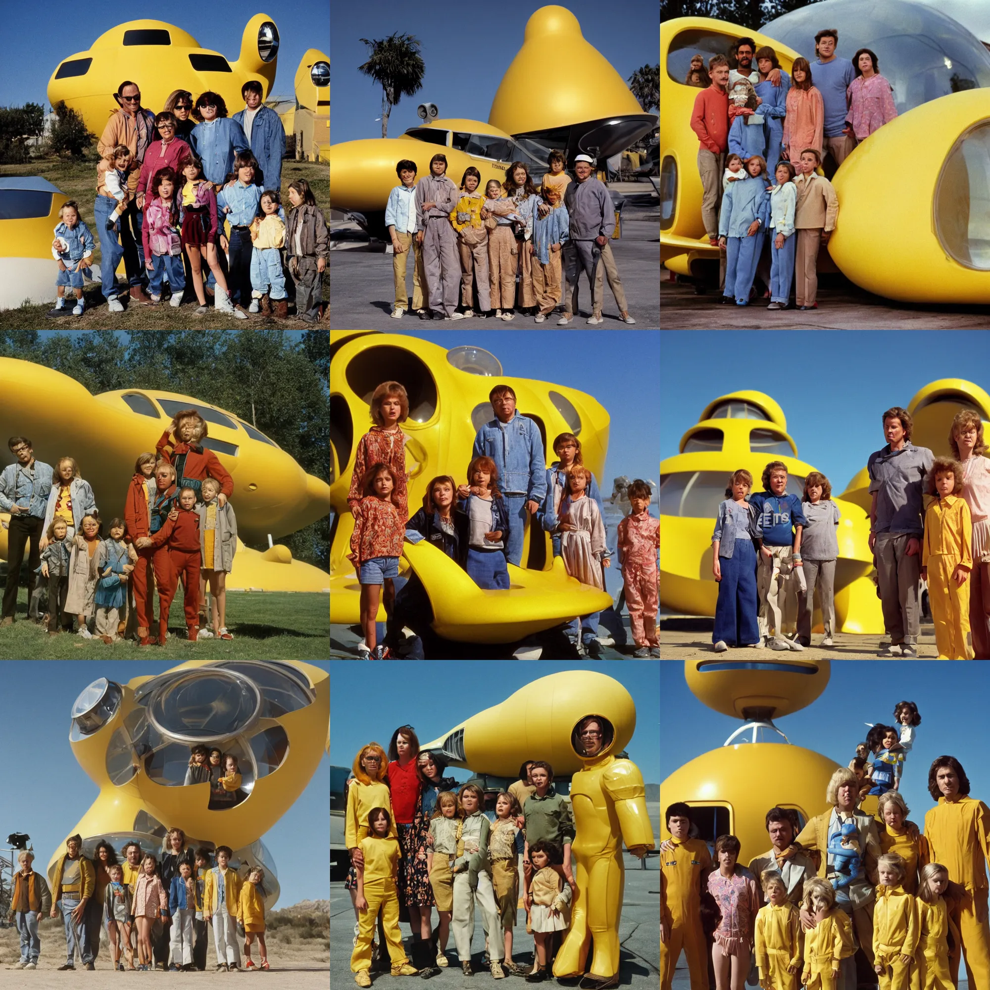Prompt: highly detailed, 268435456k film, 4200mm film still from a sci fi blockbuster color movie made in 1990, set in 1960, of a family standing in front of a yellow plastic spaceship that has just landed on an alien planet, the family are all wearing 1960s era clothes, good lighting, good photography, ultra high definition