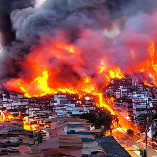 Prompt: a colombian city on fire photo - realistic