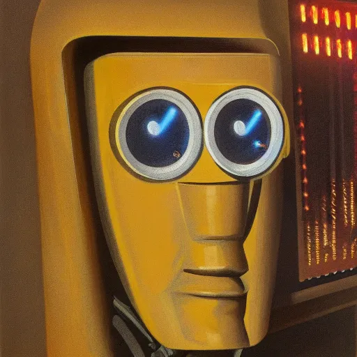 Image similar to detailed face of a synthetic sentient super - intelligent humanoid with nixie tube eyes warming up, warm space, rammed earth courtyard, cool skydome, fresh atmosphere, grant wood, pj crook, syd mead, livia prima, edward hopper, nick alm, casey baugh