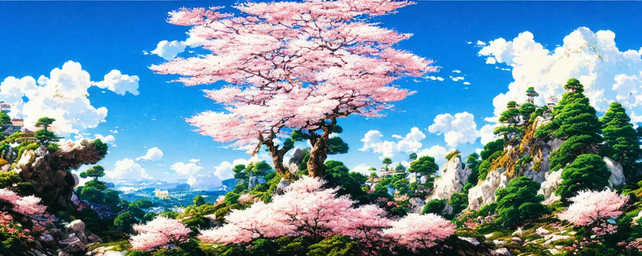 Prompt: ghibli illustrated background of a strikingly beautiful blue sky with puffy white clouds over a flowery rocky grassy field with cherry blossom by eugene von guerard, ivan shishkin, john singer sargent, 4 k
