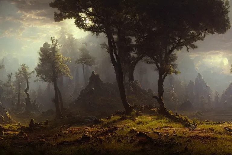 Image similar to painting of a post - apocaliptic wonderland by albert bierstadt, matte painting, unreal engine, 8 k resolution, beautiful, dark ambient