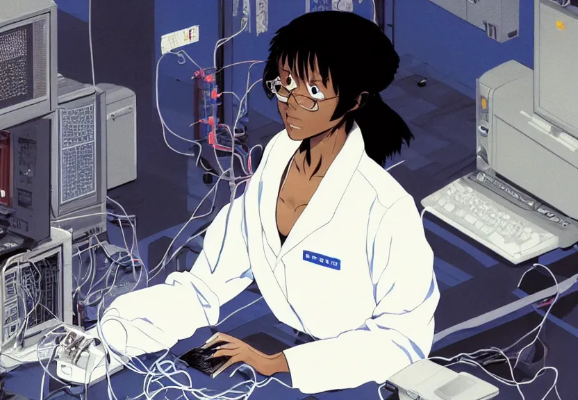 Image similar to dark skin woman wearing a white lab coat with a blue wolf haircut, body connected to wires and connected to 1 9 8 0 s computers, painted by yoshitoshi abe and makoto shinkai, in the style of serial experiments lain, dynamic lighting, dark ambience, 3 5 mm, cell - shaded, detailed face, retro