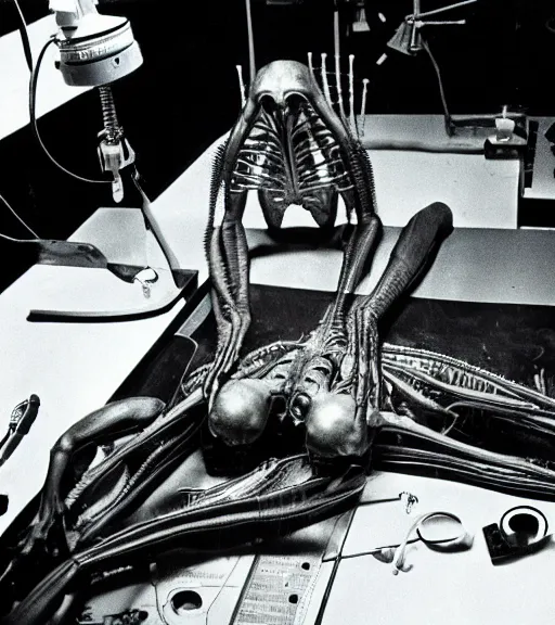 Image similar to Alien lying on an operation table in a lab, photograph from 1890, grainy, high detail, high resolution, by David Cronenberg