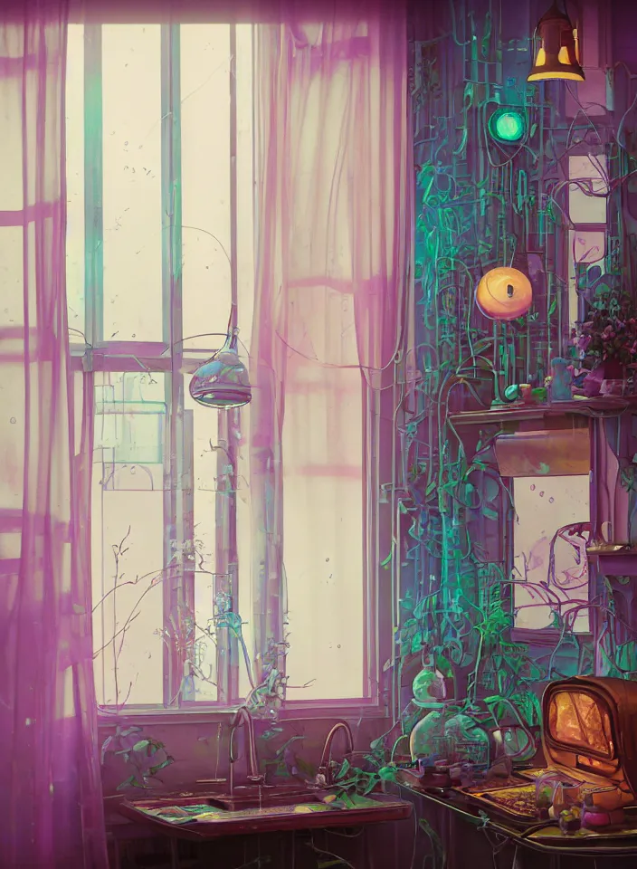 Image similar to telephoto 7 0 mm f / 2. 8 iso 2 0 0 photograph depicting the feeling of chrysalism in a cosy cluttered french sci - fi ( art nouveau ) cyberpunk apartment in a pastel dreamstate art style. ( computer screens, window ( rain ), sink, lamp ( ( fish tank ) ) ), ambient light.